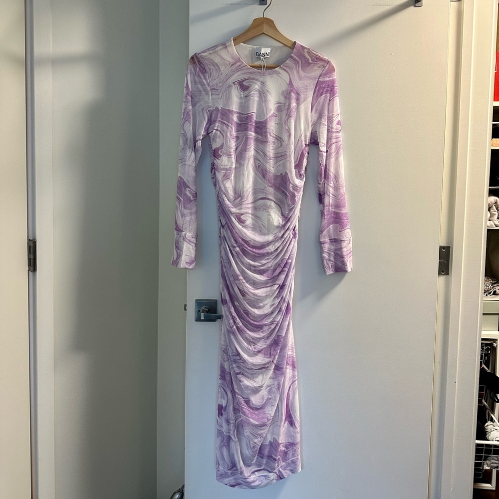 Ganni Ruched Swirl Printed Mesh Midi Dress